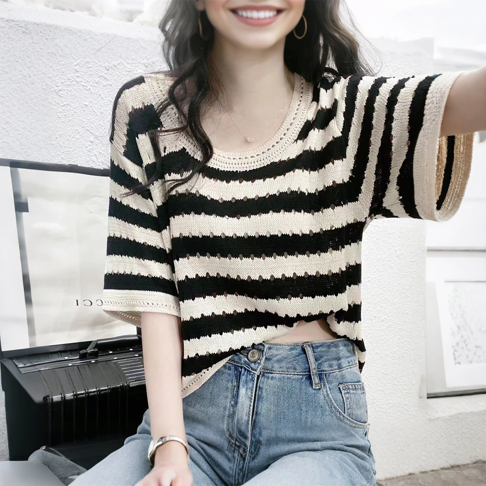 夏季新款冰丝针织衫横条纹短袖T恤女宽松镂空小衫高级感时尚上衣