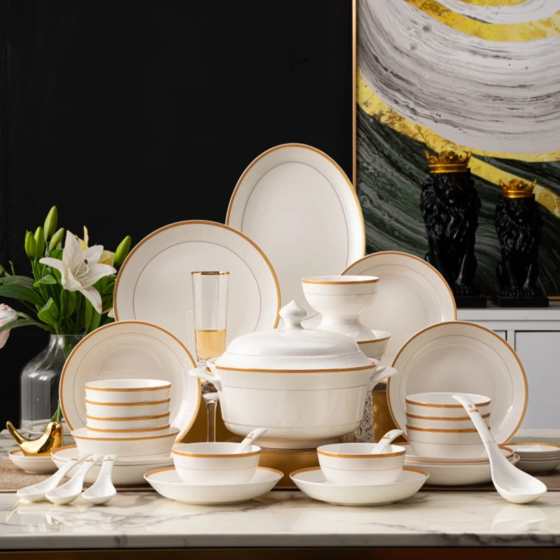 78头金缕浮光高温简约结婚乔迁送礼碗碟盘景德镇骨瓷餐具套装