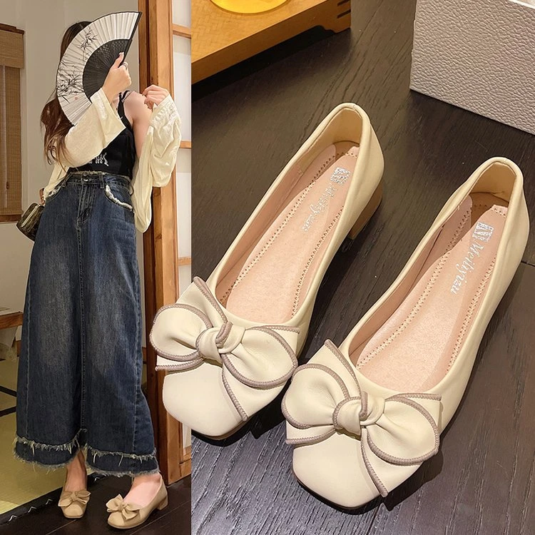 YYCORAL/宇逸瑚蝴蝶结时尚豆豆鞋软底方头粗跟春秋低跟女温柔百搭