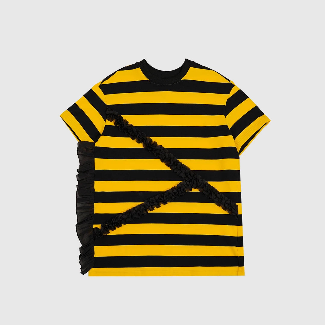 GGAHOLIDAY时尚休闲百搭宽松潮流设计条纹拼接短袖连衣裙 152464