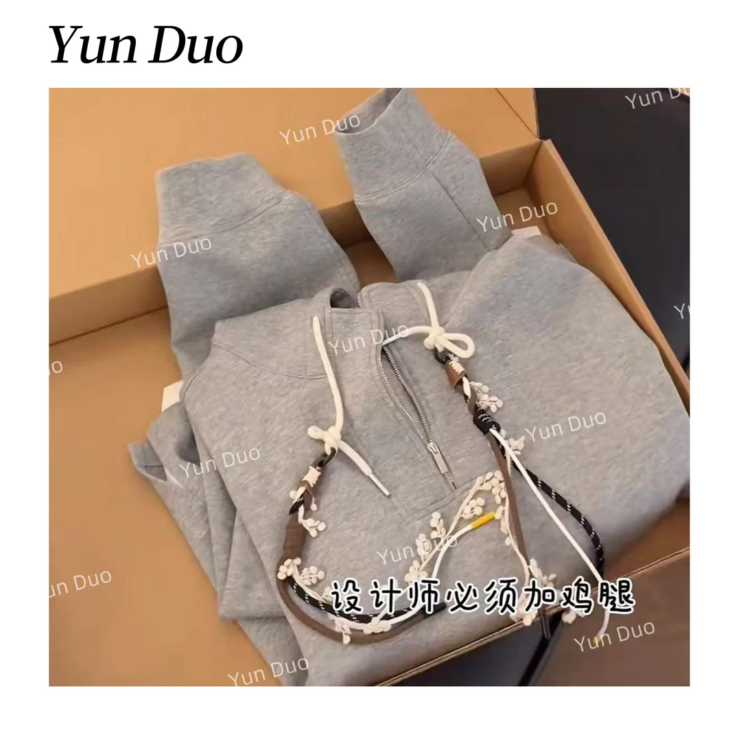 云朵定制【灰拿铁】编织帽绳假两件拼接连帽卫衣LE59