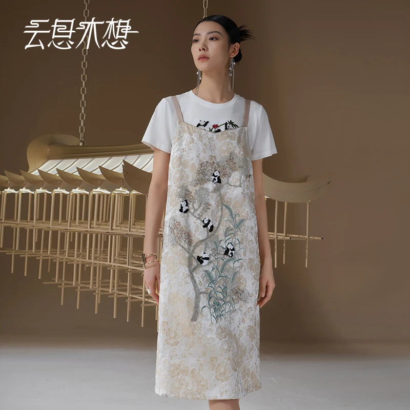 Ysimo-X云思木想 熊猫抱树 重工绣花提花裙摆开叉吊带裙13234