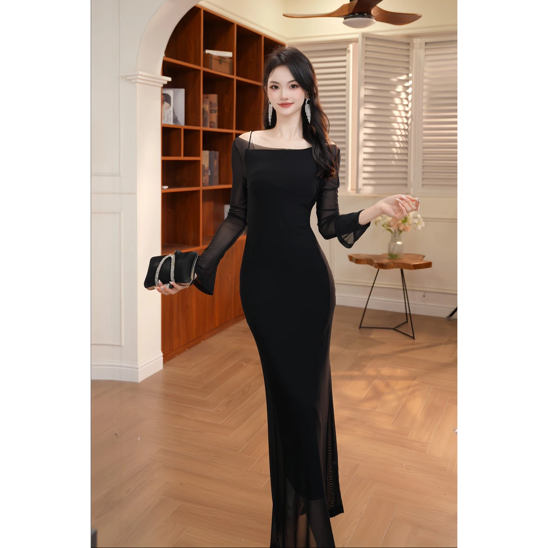 【香香定制】新款法式性感透视网纱一字领修身长款两件套连衣裙9562