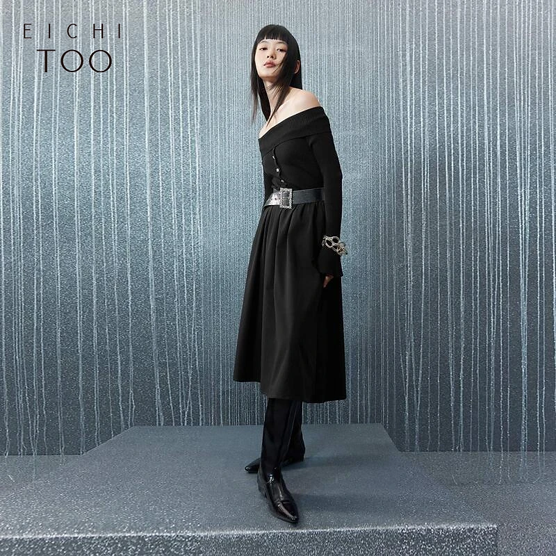 爱居兔裙简约高级长袖一字肩针织衫连衣裙EQLSJ3P004A