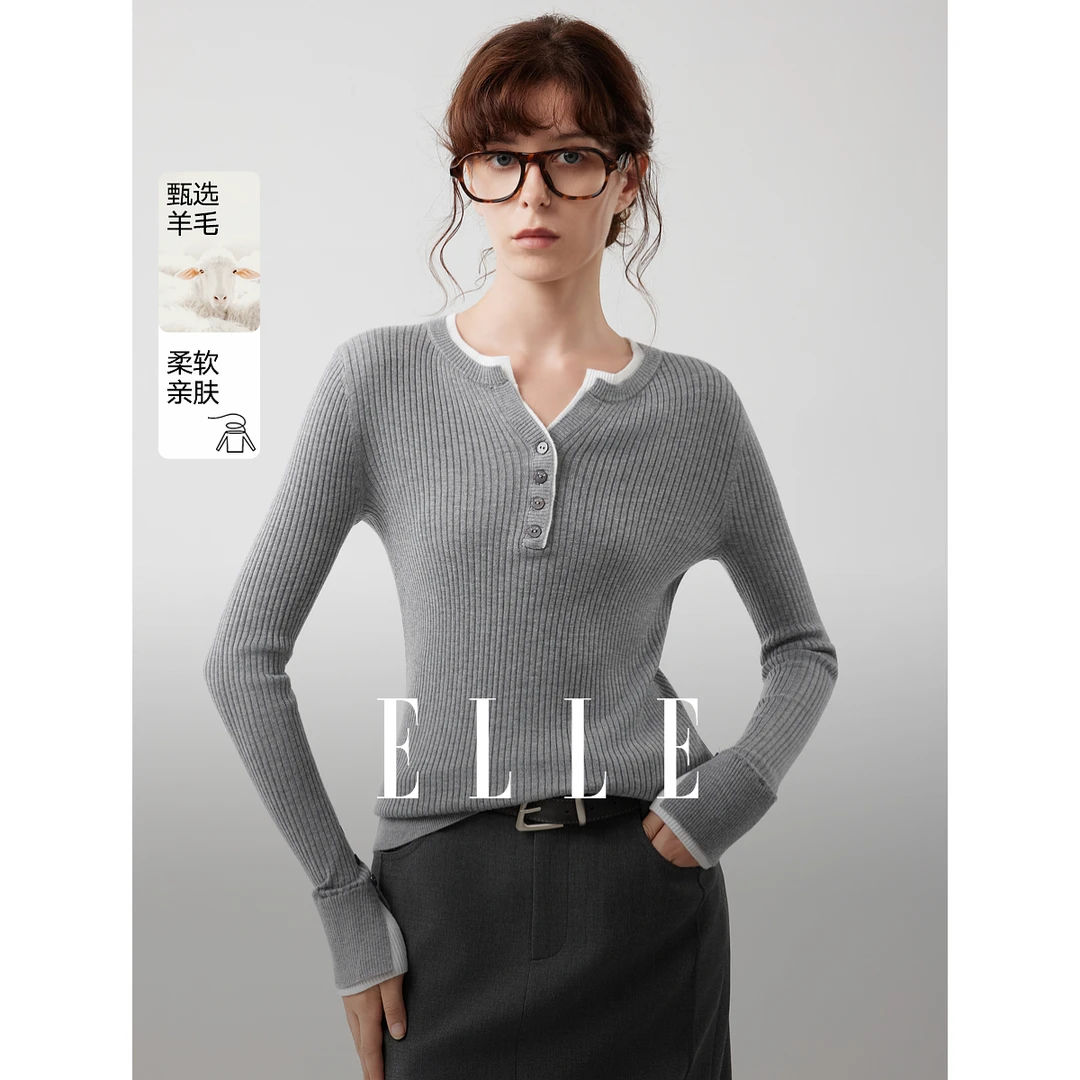 ELLE女装假两件拼接针织衫2025冬新款绵羊毛撞色毛衣EZ52934