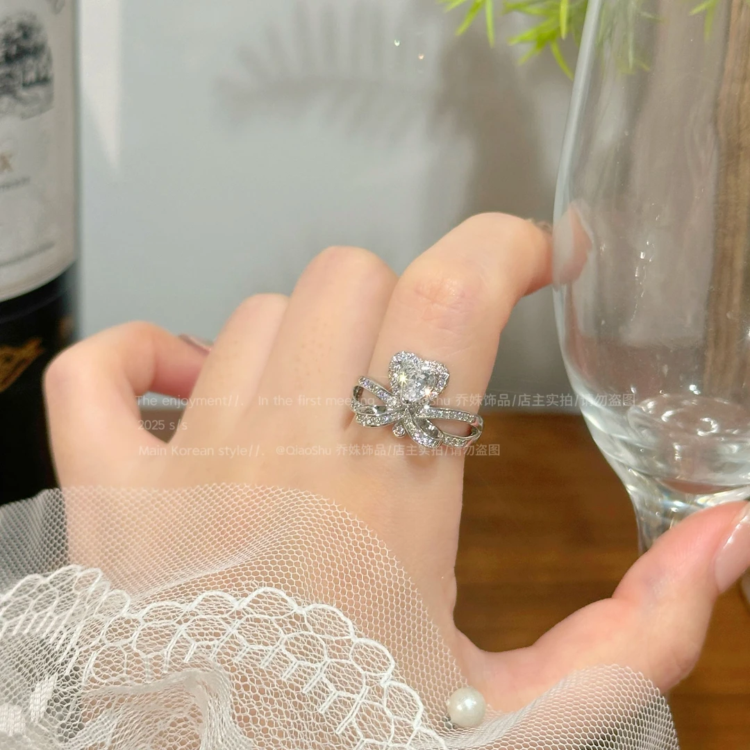 铜合金合成锆石戒指 C405超闪满镶爱心戒指ins风轻奢时尚气质指环