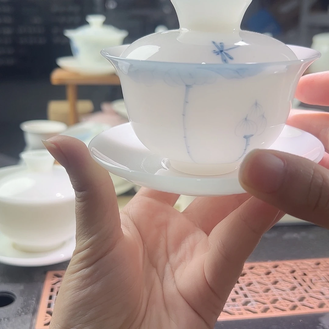 璞玉陶瓷手绘釉下彩三才盖碗荷花