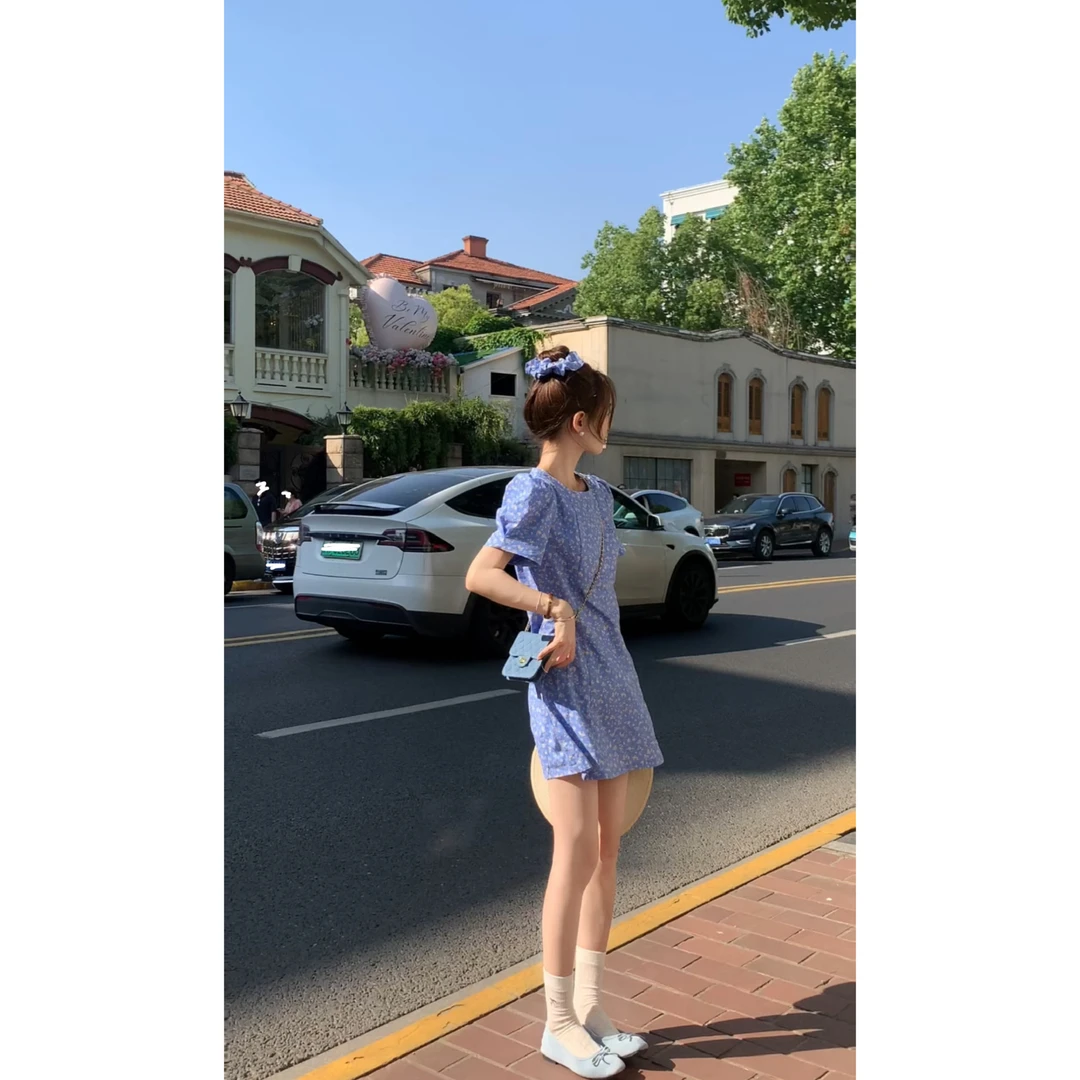 [YS]显瘦圆领碎花牛仔洋气甜美连衣裙裙子（送发圈）~1157