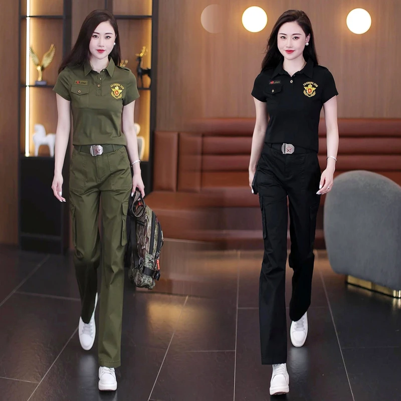 军旅风修身显瘦休闲女装新款时尚短袖宽松版直筒裤套装工装阔腿裤