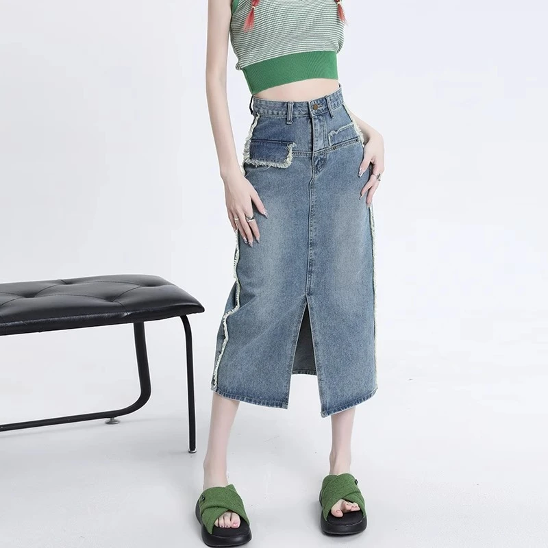 复古美式风高腰开叉牛仔半身裙毛边设计感2025新款修身牛仔裙