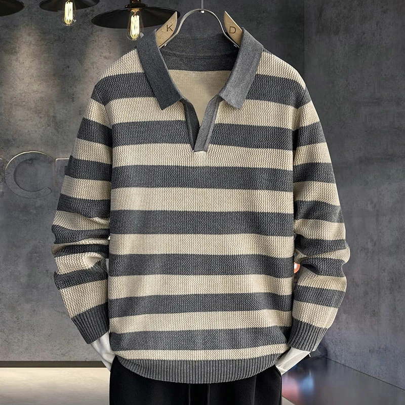 条纹polo领针织衫正肩短袖t恤男2025新款夏季老钱风薄款毛衣上衣