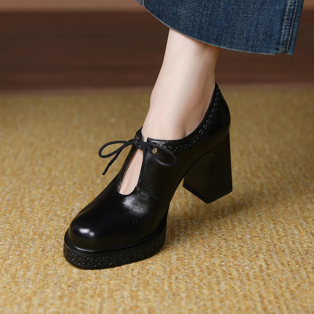 高级感黑色羊皮高跟鞋8.5cm粗跟防水台圆头深口单鞋厚底女士皮鞋