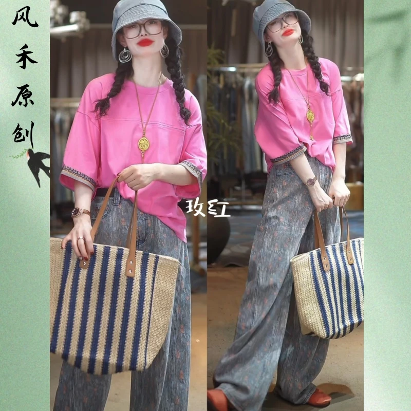 风禾原创【022】夏季新款时尚显瘦气质圆领纯色民族风拼接短袖T恤女