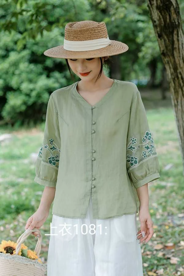 新中式宽松苎麻小衫刺绣圆领夏季短袖上衣1081-3肩40胸110长60