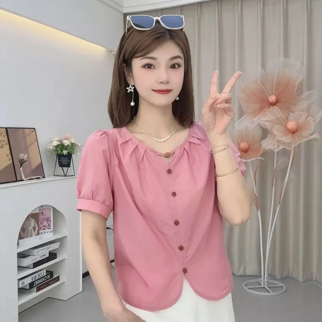 时尚甜美短袖衬衫女夏季新款洋气减龄小个子圆领小衫百搭简约上衣