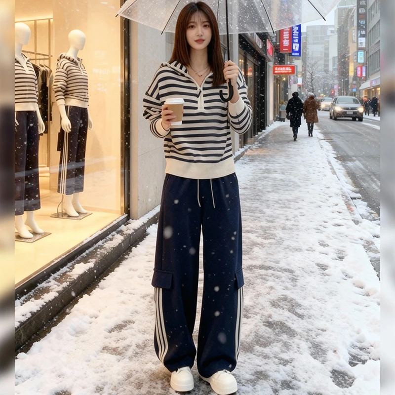 韩系休闲运动套装女2025新款秋冬时尚减龄宽松条纹连帽上衣两件套