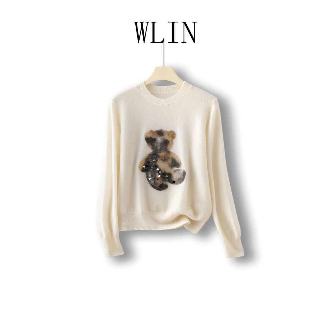 WLIN 百分百山羊绒圆领小熊减龄女士针织衫WL5720