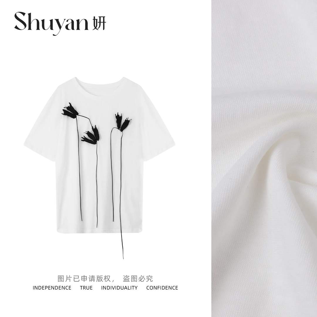 【Shuyan妍】黑色流苏立体花朵宽松落肩显瘦优雅上衣7570