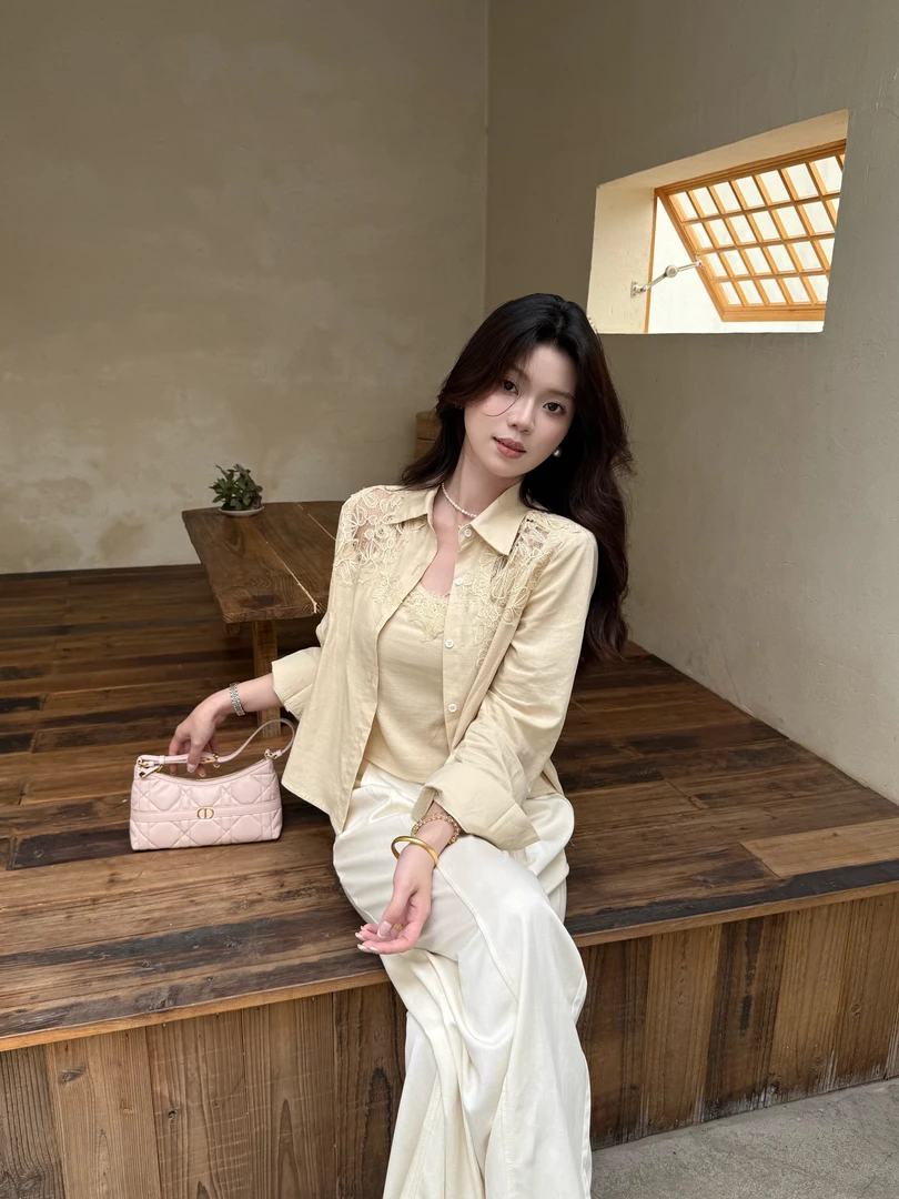 【艺术画廊】法式气质长袖重工镂空蕾丝吊带+衬衫上衣慵懒两件套装