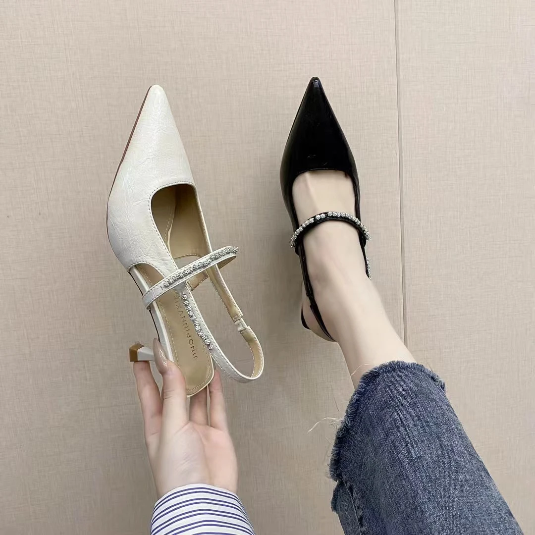 2520-2法式水钻尖头凉鞋女2025夏季新款高跟鞋法式浅口单鞋