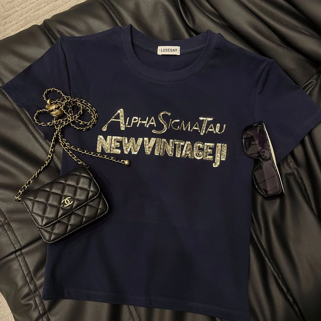 LUSESAY 字母亮片刺绣 2025夏季新款显瘦休闲短袖T恤圆领上衣女