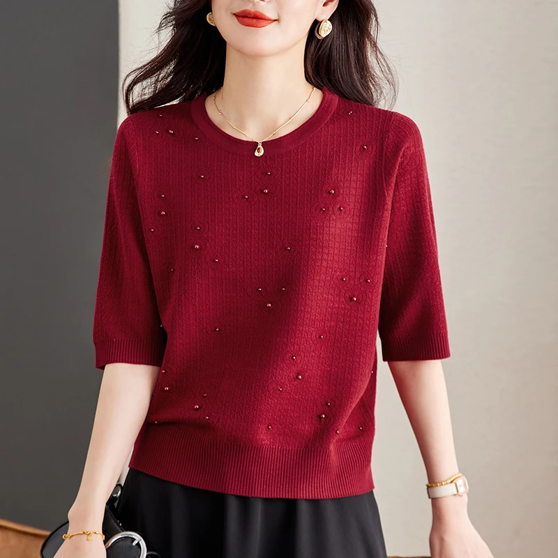 中年妈妈秋装新款上衣女七分袖t恤喜婆婆婚宴装礼服红色本命年衫