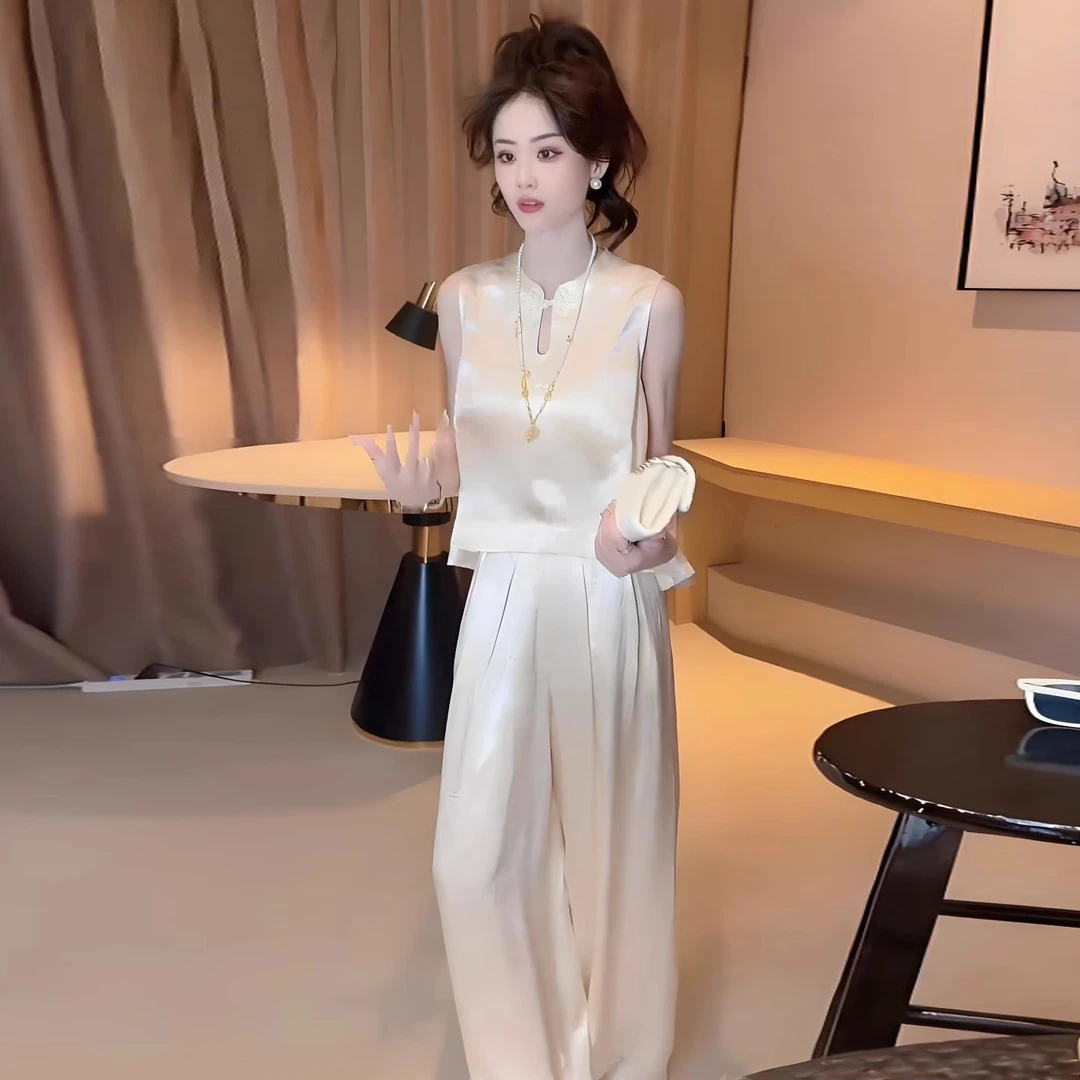 拉夏贝尔新中式时尚缎面套装女无袖国风上衣夏季新款阔腿裤两件套