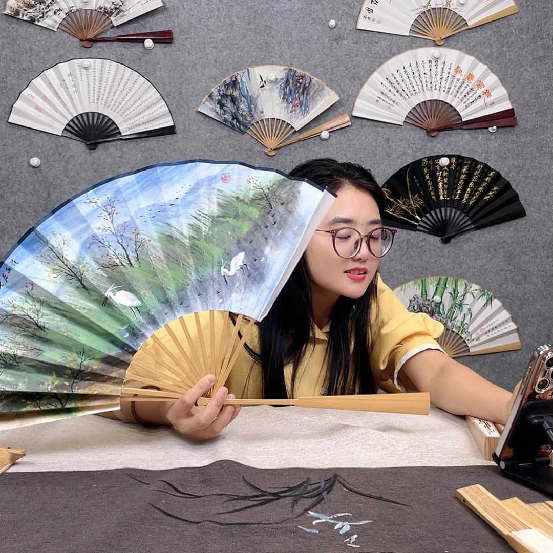 国画10寸玉竹-纯手绘-文玩扇骨（默认粘好）