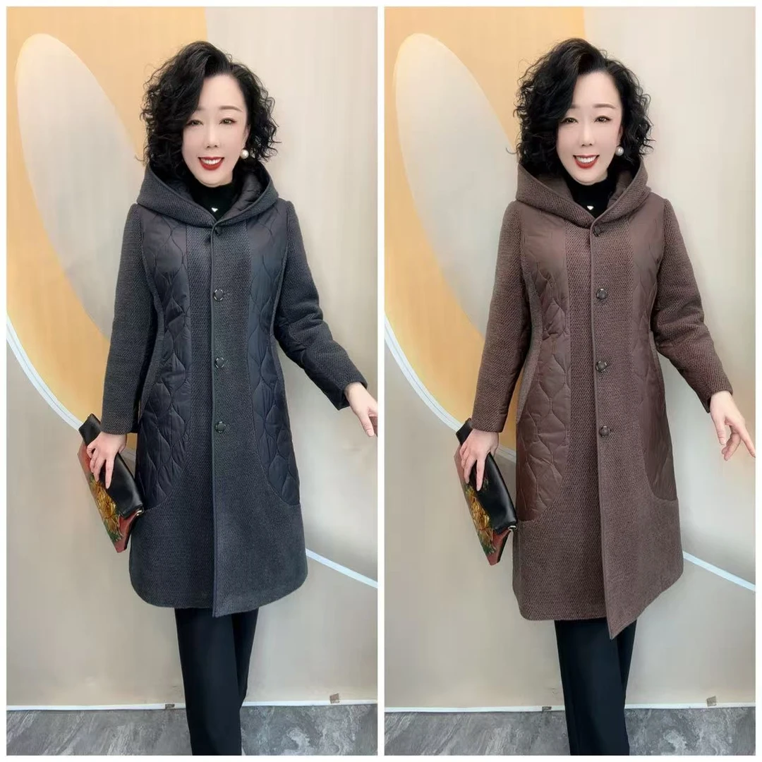118新款优雅妈妈冬加棉拼接时尚宽松大码厚大衣外套，103衣长