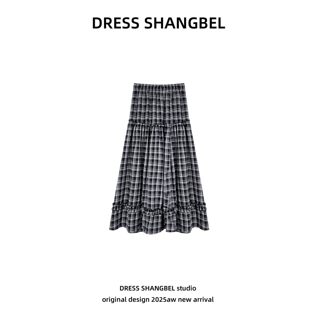DRESS -秋季新款C66拼接木耳边复古格纹半身裙6008H