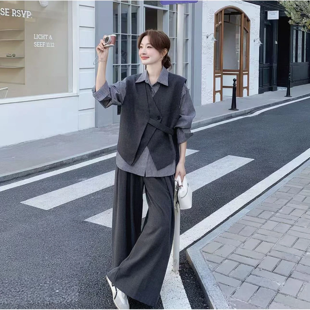 珩绣韩系设计感不规则马甲条纹衬衫长裤新款三件套Y-T25836-1