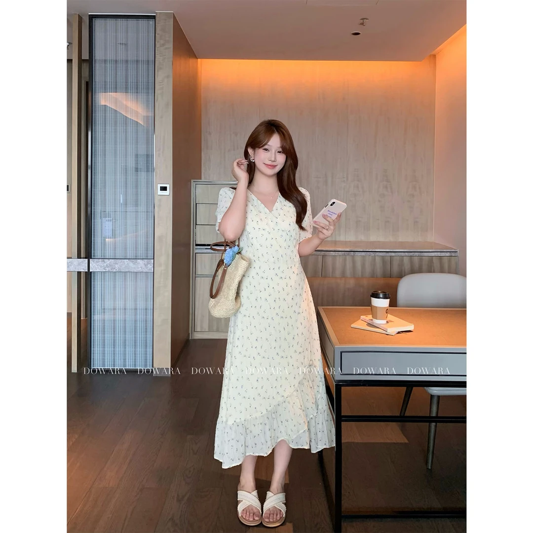 现货大婉酱千千微胖定制法式碎花V领一片式连衣裙夏显瘦长裙8320D