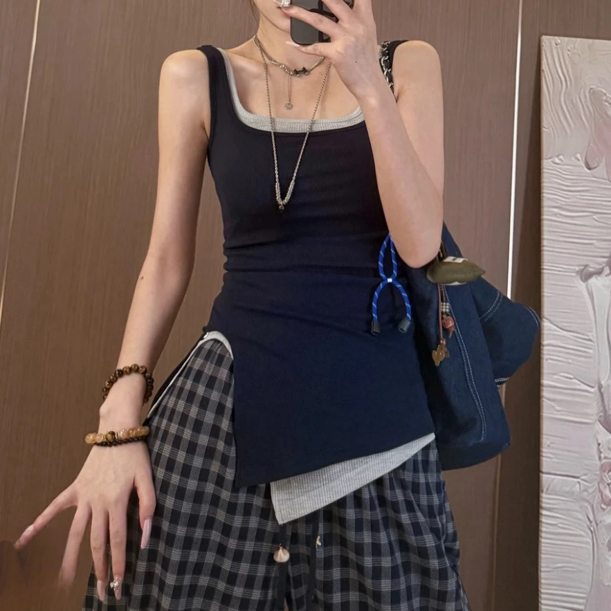 设计感时尚假两件拼接撞色背心吊带2025夏季新款显瘦修身t百搭女