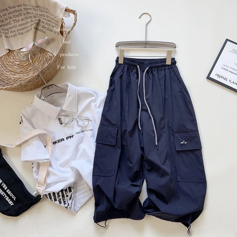 夏季儿童裤子25新款童裤880323男中大童口袋绣字母速干女童工装裤