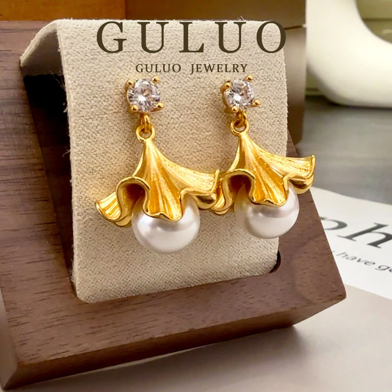 合金耳饰 【花漾裙】金色裙摆珠珠耳钉设计感小众百搭时尚轻奢耳饰