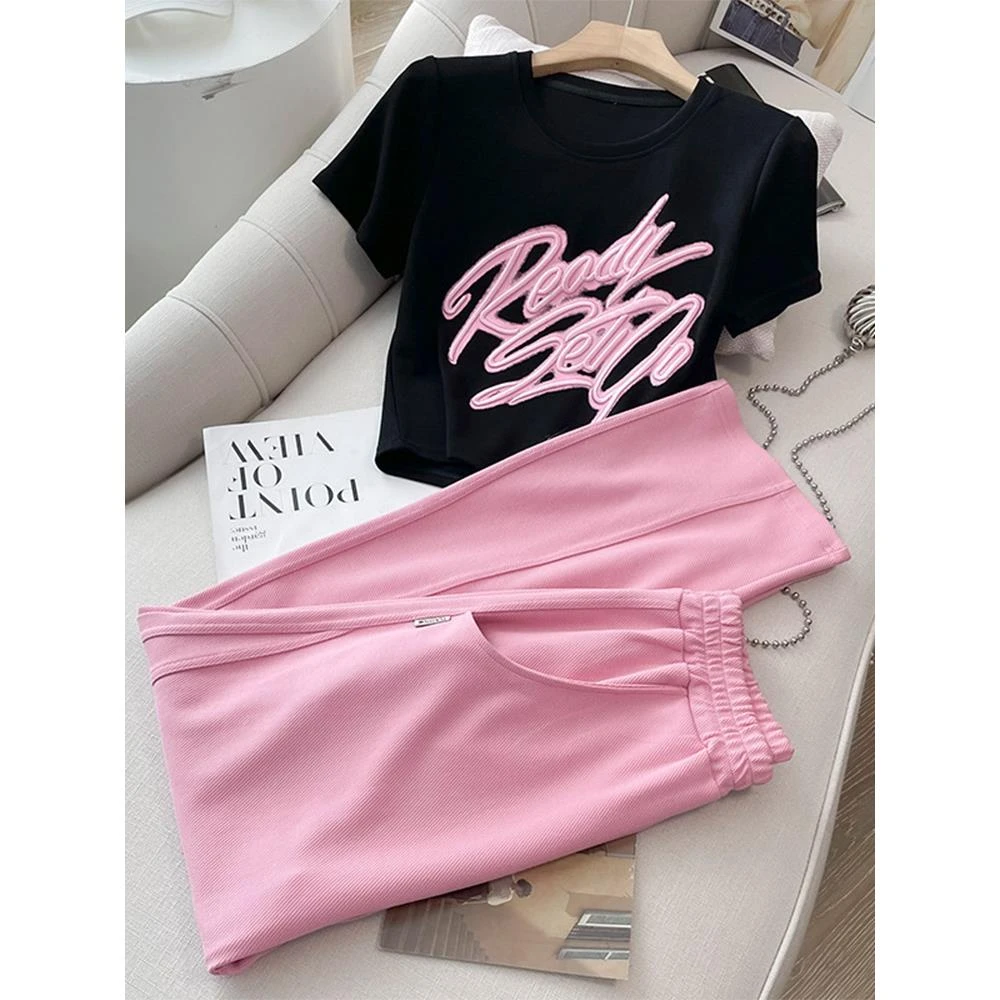 运动套装女夏季盐系洋派减龄时尚网红炸街粉色阔腿裤两件套潮洋气