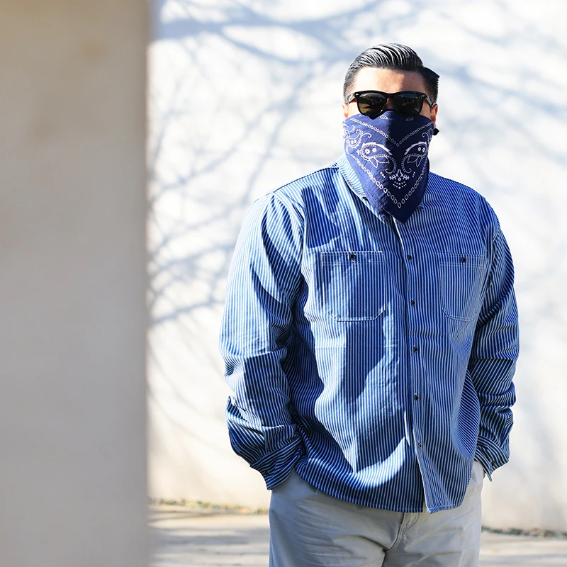 核爆炸阿美咔叽经典复古蓝白条纹衬衫小清新宽松版型男女水洗衬衣