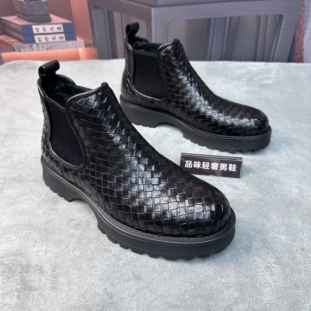 男款切尔西马丁靴皮编英伦风高帮轻奢休闲百搭厚底加绒冬季真皮D