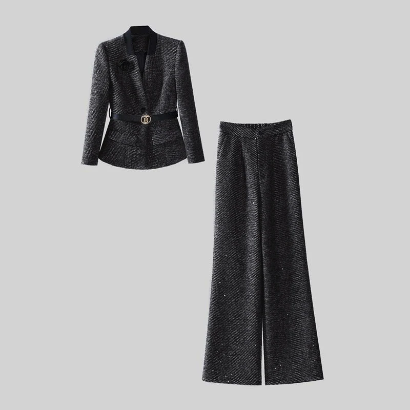 【两件套】【有里布】【送腰带】【送胸花】时尚显瘦西装阔腿裤套装TX0179