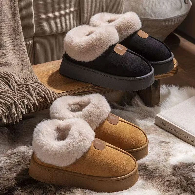 厚底包跟棉拖鞋女秋冬季居家用毛毛绒棉鞋外穿情侣保暖雪地靴0