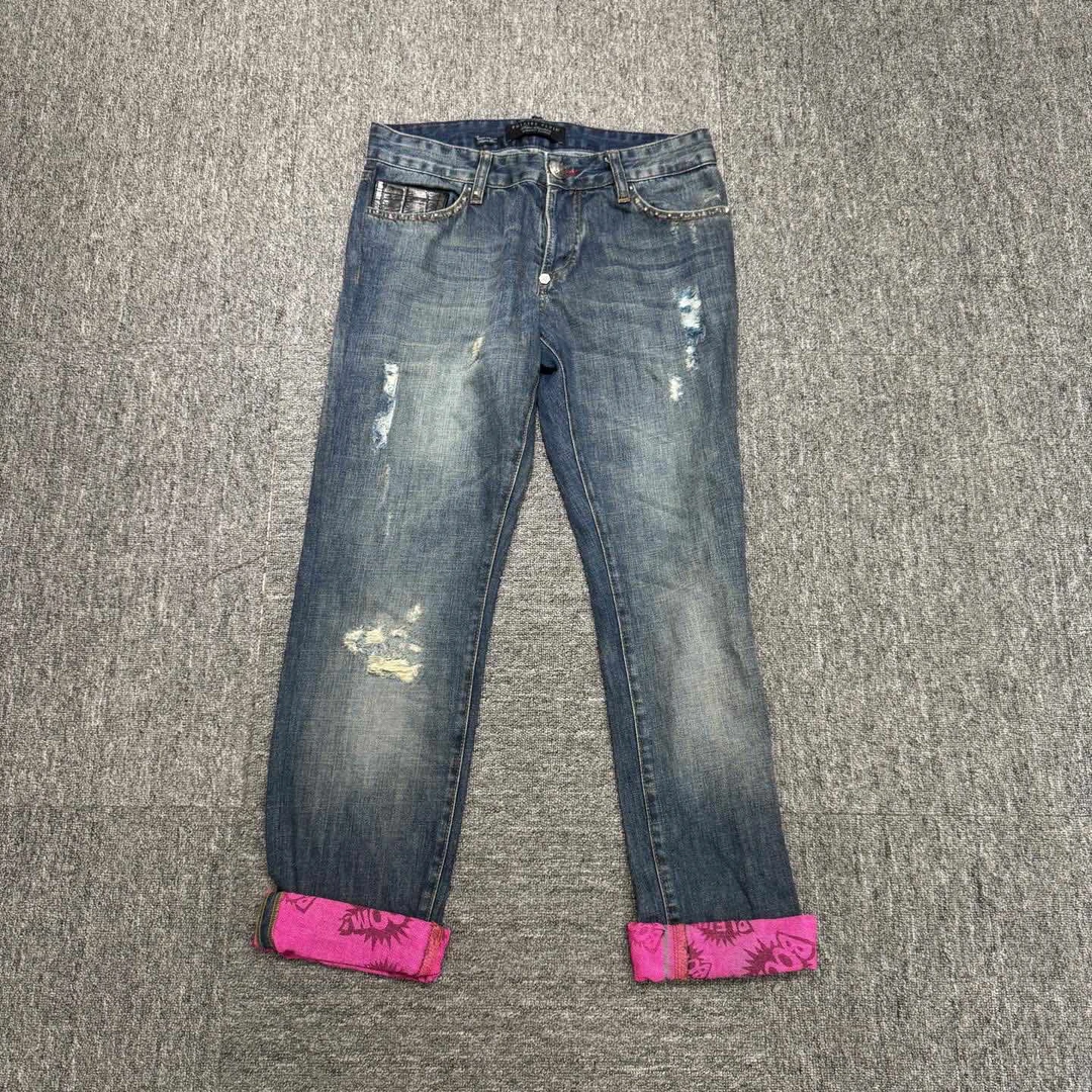 99新 maje PHILIPP PLEIN卷边boom字母牛仔裤/31/15254