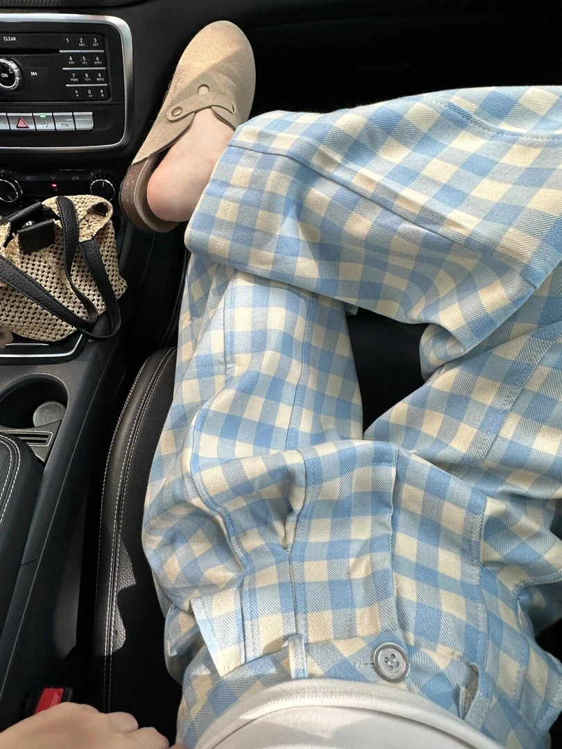 蓝白格子休闲阔腿裤女夏季设计感小众宽松显瘦直筒拖地长裤