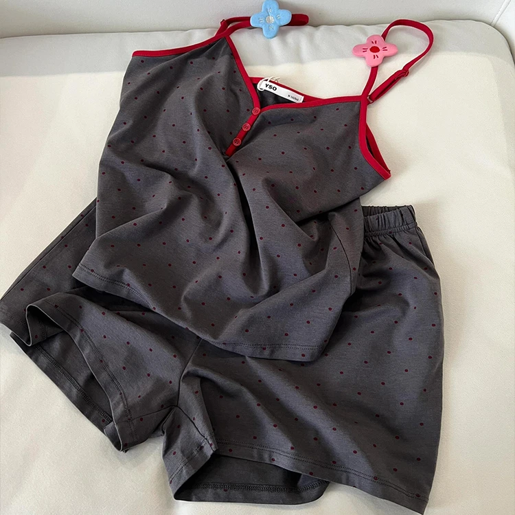 2025年休闲带胸垫波点吊带睡衣女夏季2025年休闲居家短裤套装女生
