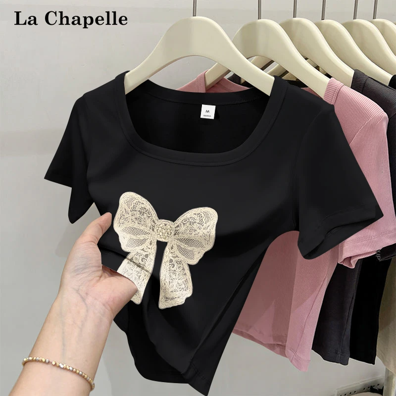 拉夏贝尔方领修身显瘦短袖T恤女2025新款爆款辣妹法式上衣高级感