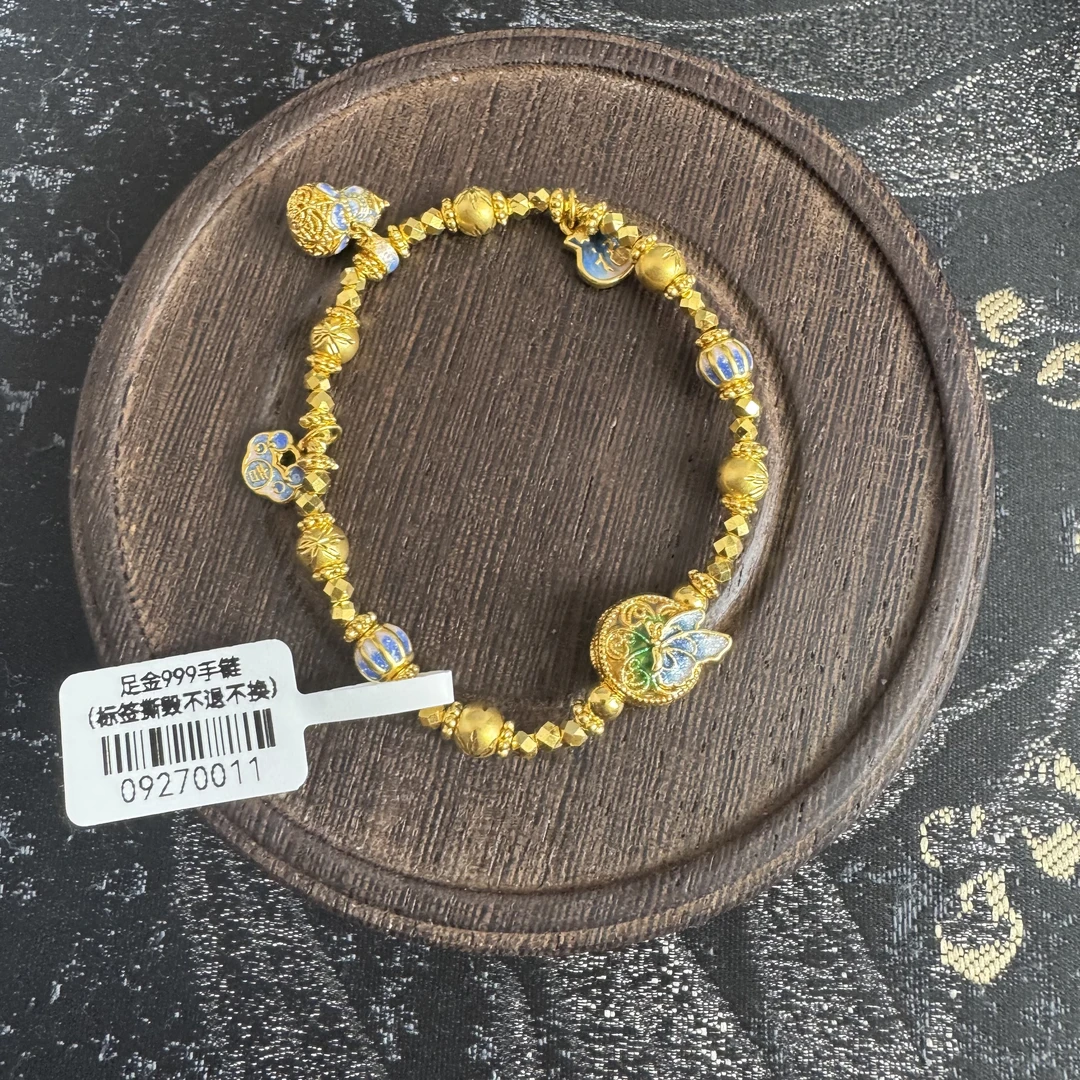 足金999珐琅彩小锁半蝴蝶圆牌葫芦手链   09270011