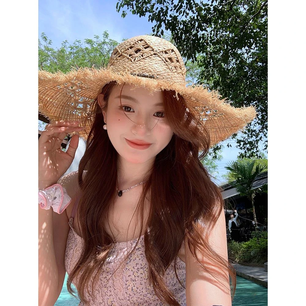 镂空拉菲草帽女夏季2025新款海边沙滩防晒拍照遮阳大帽檐太阳帽子