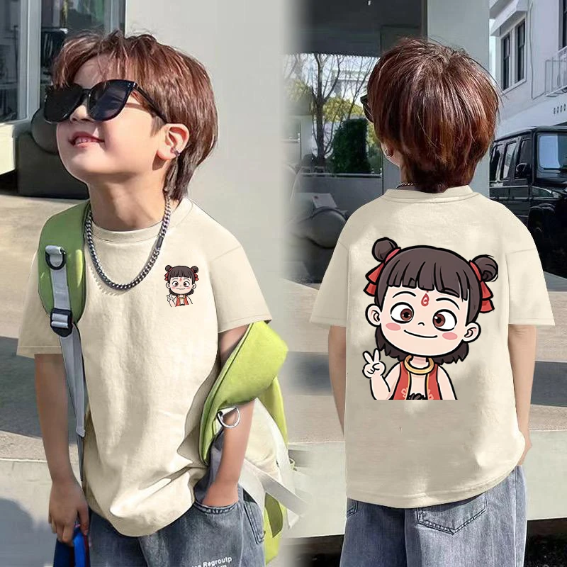 儿童印花纯棉T恤2025夏装新款中大儿童夏款半袖男孩哪吒纯棉上衣t