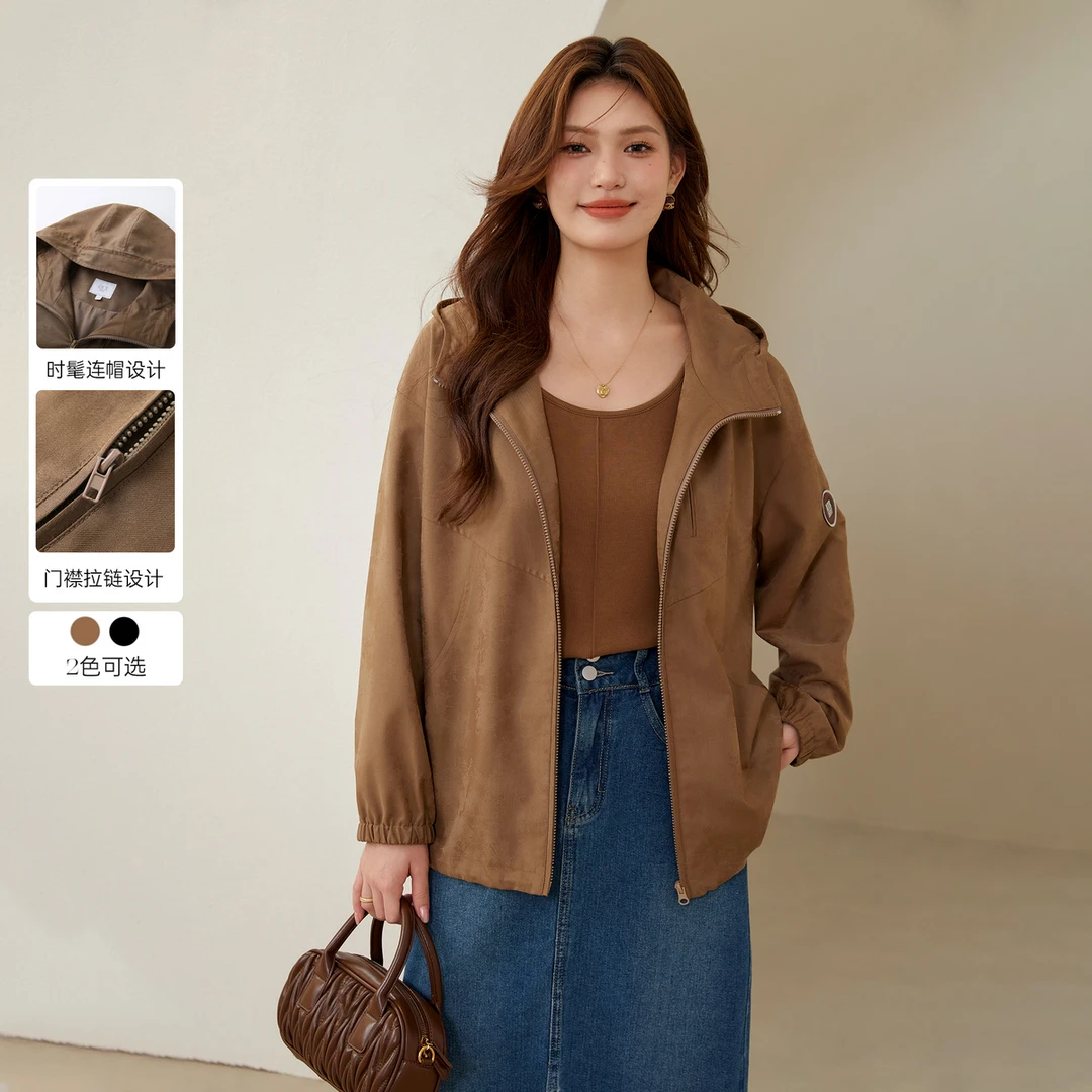 【双拉链冲锋衣】纤莉秀大码女装胖mm个性连帽时髦百搭外套QJ3065