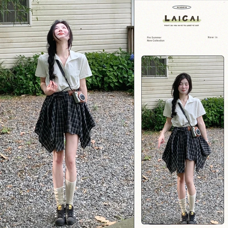 B348+B349小众设计感POLO短袖上衣百搭韩系不规则短裙裤两件套