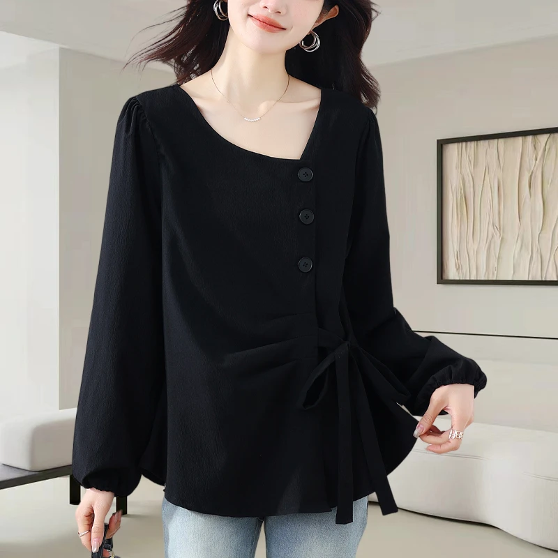 垂感黑色高级感衬衫女设计感小众秋装新款独特别致洋气小上衣